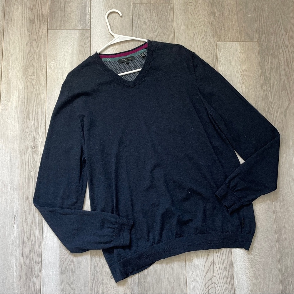 Ted Baker Sweater merino wool v neck mens Navy Blue (xxxlarge) classic preppy